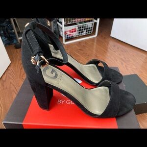 G by Guess Shantel Block Heel Sandals Black Fabric Size 7.5M